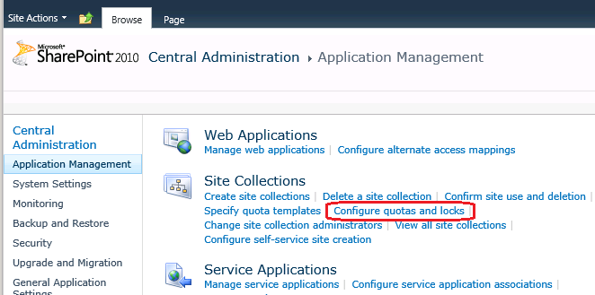 SharePoint 2010 Central Administration - Quotes and Locks