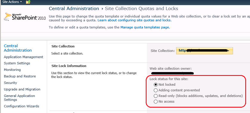 SharePoint 2010 Central Administration - Change Lock Status